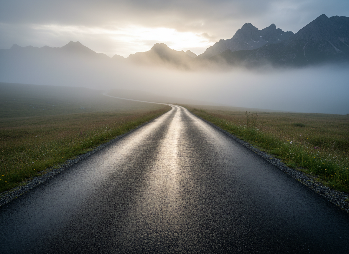 A powerful visual of a dense, foggy landscape gradually giving way to crisp, clear mountains in the distance, with a single winding road emerging from the haze and becoming sharply defined as it approaches the viewer. The foreground shows wet asphalt glistening with recent rain, while tufts of resilient grass line the roadside, catching soft side light from an overcast sky breaking open. Photographic realism with a wide-angle, slightly elevated perspective emphasizes depth and transition from confusion to clarity. The mood is steady, hopeful, and grounded, perfectly echoing the emotional journey of moving through midlife uncertainty toward a more focused direction.