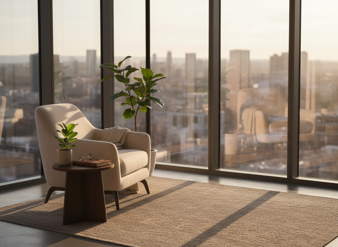 A minimalist, glass-walled corner office overlooking a softly blurred city skyline, with a single, comfortable armchair angled toward the windows and a low side table nearby. On the table, a closed leather-bound journal, a pair of reading glasses, and a small, thriving potted plant with fresh green leaves evoke lived experience and ongoing growth. Gentle golden-hour sunlight streams in, wrapping the scene in warm highlights and casting clean, elongated shadows across a neutral rug. Photographic realism, composed with rule of thirds and moderate depth of field, creates a professional yet inviting mood that suggests space for reflection, strategy, and what comes next after a major career shift.