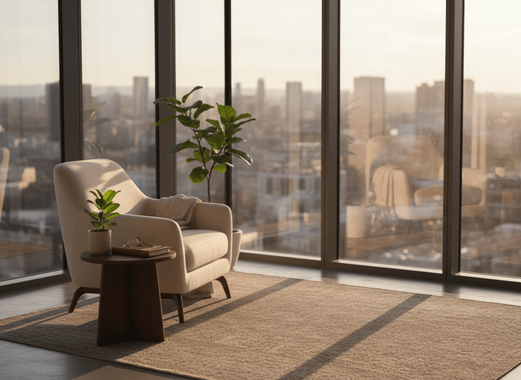 A minimalist, glass-walled corner office overlooking a softly blurred city skyline, with a single, comfortable armchair angled toward the windows and a low side table nearby. On the table, a closed leather-bound journal, a pair of reading glasses, and a small, thriving potted plant with fresh green leaves evoke lived experience and ongoing growth. Gentle golden-hour sunlight streams in, wrapping the scene in warm highlights and casting clean, elongated shadows across a neutral rug. Photographic realism, composed with rule of thirds and moderate depth of field, creates a professional yet inviting mood that suggests space for reflection, strategy, and what comes next after a major career shift.