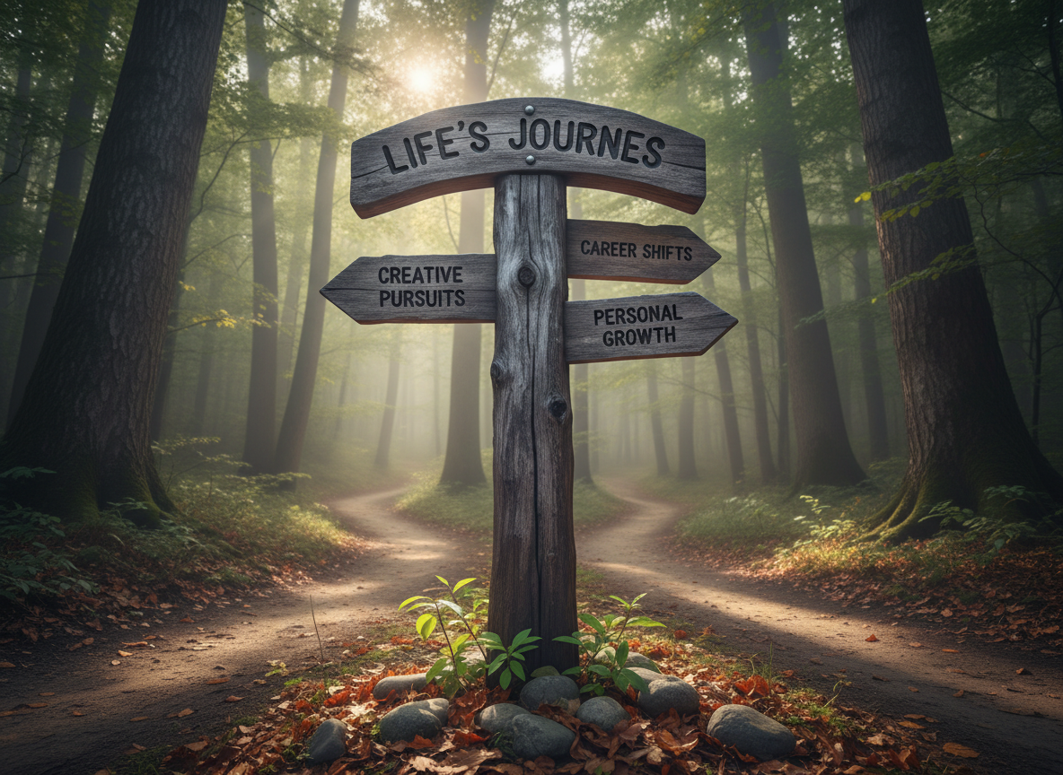 A sturdy, well-worn trailhead sign made of rich, weathered wood stands at the start of a forest path that splits into three clearly defined routes, each gently curving into soft-focus distance. Around the sign, fallen leaves and smooth stones add natural texture, while small green shoots push through the ground, hinting at fresh growth. Early morning light filters through tall trees, casting long, soft shadows and illuminating a thin mist hanging in the air. Photographic realism from a slightly low angle emphasizes the sign as a focal point, symbolizing life and career transitions with a calm, hopeful, and contemplative atmosphere.
