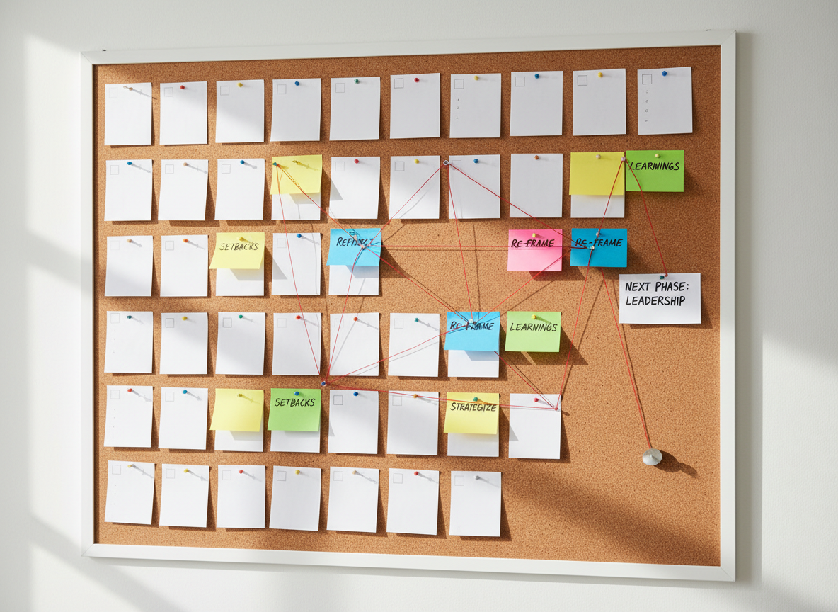 A close-up, overhead view of a large corkboard on a clean wall, covered with a thoughtfully arranged mix of blank white index cards, color-coded sticky notes, and red string connecting a few key points into a clear, emerging pattern. A silver pushpin lies off to one side, suggesting an evolving plan. Soft, indirect daylight from a nearby unseen window creates gentle shadows under each card, adding depth and dimension. Photographic realism with sharp focus throughout and a clean, modern aesthetic evokes strategic thinking, re-framing setbacks, and building a tangible roadmap for the next phase of life and leadership.