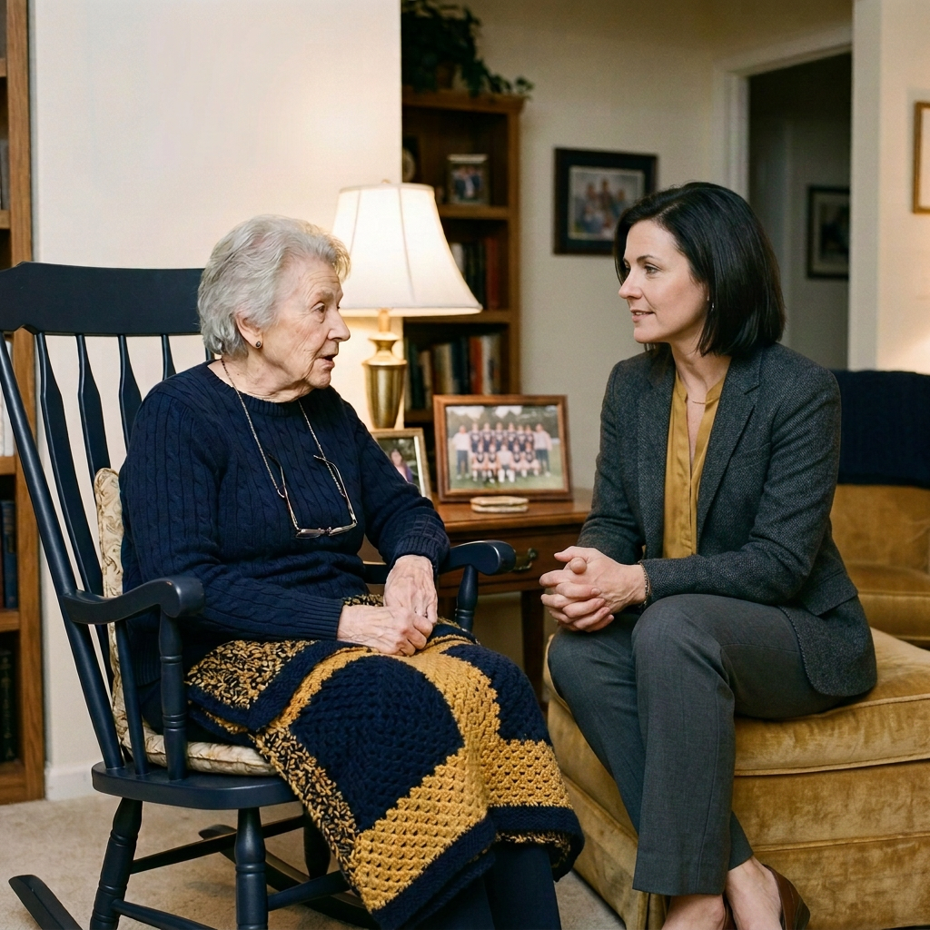 Older woman and man having a thoughtful conversation in a living room