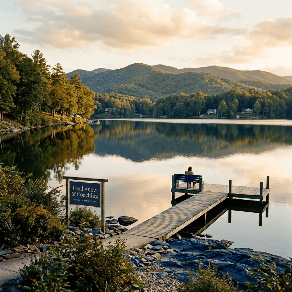 Lakeside dock with seated person and sign reading “GROWTH & CONVERSATION; AUTHENTIC REFLECTIONS”